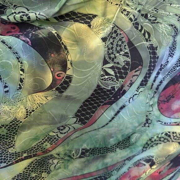 Cocomo Y2K Paisley Blouse 1X Plus Boho Roll Tab Green Stretchy Pleated Abstract - Picture 4 of 11